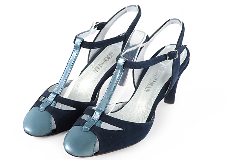Peacock blue women's open back T-strap shoes. Round toe. Medium slim heel. Front view - Florence KOOIJMAN